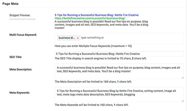 5 Tips for Running a Successful Business Blog by Kettle Fire Creative. SEO plugin screenshot